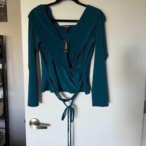 NWT Express Blue Off the Shoulder Tie Wrap Blouse Size Large